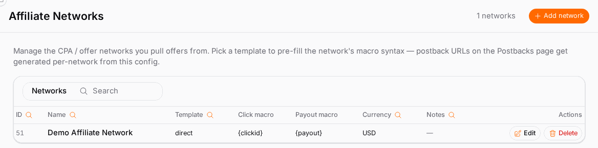Every offer network you pull from, each with its template and payout currency.