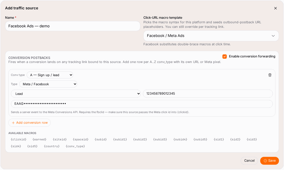 One row per conversion type you send to Meta.