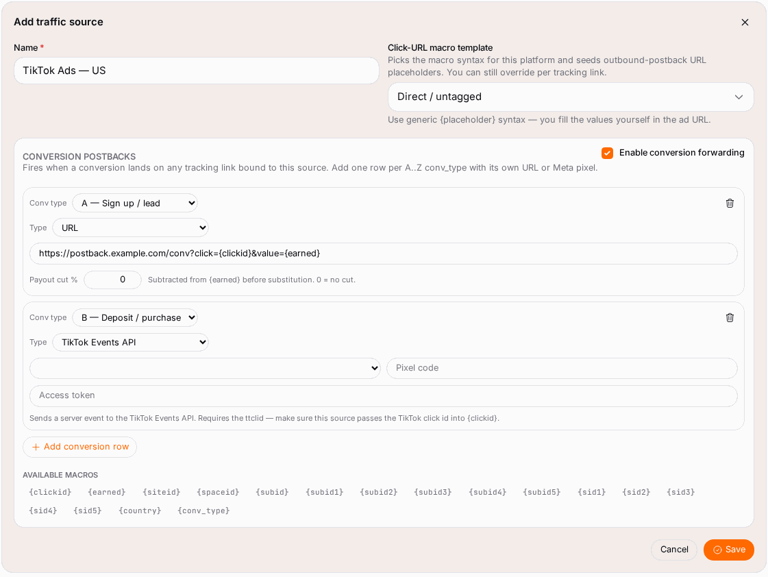 A source with conversion forwarding for two conversion types.