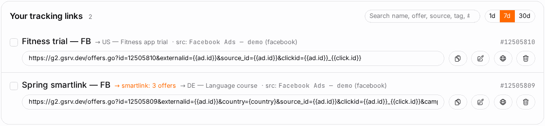 Every link you've built, searchable and filterable by source.