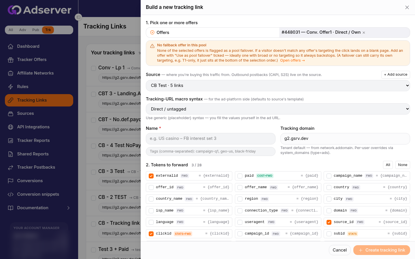 The tracking-link builder: pick offers, choose a source, set the macro syntax, and toggle which tokens to forward.